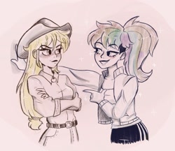 Size: 1465x1266 | Tagged: safe, artist:indigohatetrain, derpibooru import, applejack, rainbow dash, human, equestria girls, appledash, applejack's hat, clothes, cowboy hat, female, hat, humanized, lesbian, shipping, sketch