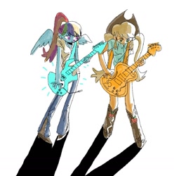 Size: 1009x1016 | Tagged: safe, artist:aoh2jz, derpibooru import, applejack, rainbow dash, equestria girls, bass guitar, electric guitar, guitar, musical instrument, shadow, sketch