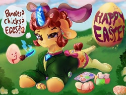 Size: 3200x2400 | Tagged: safe, artist:brovia6, derpibooru import, oc, oc:cowbellica, pony, clothes, easter, easter egg, female, happy easter, holiday, magic, mare, solo, telekinesis