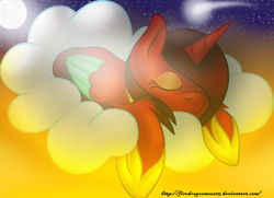 Size: 800x578 | Tagged: safe, artist:firedragonmoon15, derpibooru import, oc, oc:phoenix scarletruby, alicorn, pony, brown mane, brown tail, cloud, colored wings, eyes closed, hair over one eye, hoof shoes, jewelry, mint wings, moon, necklace, on a cloud, red coat, red wings, sleeping, sleeping on a cloud, stars, tail, two toned wings, wings