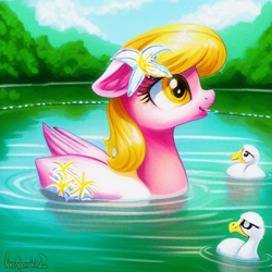 Size: 512x512 | Tagged: safe, derpibooru import, generator:stable diffusion, machine learning generated, lily, lily valley, bird, duck, duck pony, hybrid, pony, beautiful, cute, lake, lilybetes, pony hybrid, solo, sunglasses, swimming, water