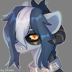 Size: 1000x1000 | Tagged: safe, artist:shelti, derpibooru import, oc, oc only, pony, bust, collar, colored pupils, colored sclera, commission, fangs, gray background, hair over one eye, horns, male, simple background, slit eyes, solo, stallion, underbite