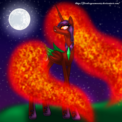 Size: 800x800 | Tagged: safe, artist:firedragonmoon15, derpibooru import, oc, oc:nightmare phoenix, alicorn, pony, colored wings, green wings, helmet, hoof shoes, jewelry, looking at the moon, looking at the sky, mane of fire, moon, necklace, night, night sky, red coat, red wings, sky, standing, tail, tail of fire, two toned wings, wings