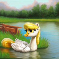 Size: 512x512 | Tagged: safe, derpibooru import, generator:stable diffusion, machine learning generated, lily, lily valley, bird, duck, duck pony, hybrid, pony, lake, pony hybrid, solo, swimming, water