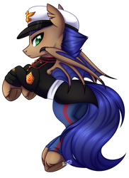 Size: 1961x2693 | Tagged: safe, artist:nekomellow, derpibooru import, oc, oc only, oc:distant echo, bat pony, pony, bat wings, blue mane, blue tail, brown coat, claws, green eyes, looking at you, male, marines, simple background, solo, stallion, tail, torn ear, wing claws, wings