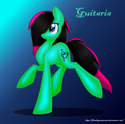 Size: 1052x1042 | Tagged: safe, artist:firedragonmoon15, derpibooru import, oc, earth pony, pony, black mane, blue eyes, cutie mark, gradient background, green coat, pink mane, smiling, two toned mane