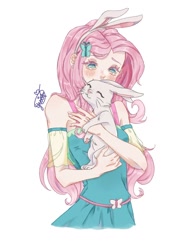 Size: 768x1024 | Tagged: safe, artist:yuiisshy, derpibooru import, angel bunny, fluttershy, human, hug, humanized, simple background, white background