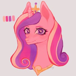 Size: 2048x2048 | Tagged: safe, artist:rustedrust, derpibooru import, princess cadance, alicorn, pony, bust, female, gray background, mare, portrait, simple background, solo