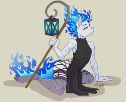 Size: 2190x1770 | Tagged: safe, artist:skuttz, derpibooru import, oc, oc only, anthro, earth pony, unguligrade anthro, clothes, cracks, dress, fire hair, lamp, lidded eyes, looking at you, mane of fire, solo, stockings, thigh highs