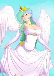 Size: 1448x2048 | Tagged: safe, artist:symptom99, derpibooru import, princess celestia, human, big breasts, breasts, cleavage, clothes, humanized, princess breastia, solo, winged humanization, wings