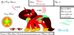 Size: 847x405 | Tagged: safe, artist:firedragonmoon15, derpibooru import, oc, oc:phoenix scarletruby, alicorn, pony, brown mane, brown tail, colored wings, cute, hoof shoes, jewelry, looking at you, mint wings, necklace, red coat, red wings, reference sheet, simple background, smiling, standing, tail, two toned wings, white background, wings