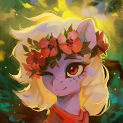 Size: 2500x2500 | Tagged: safe, artist:dearmary, derpibooru import, oc, oc only, pony, female, floral head wreath, flower, flower in hair, freckles, mare, one eye closed, solo