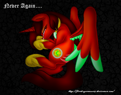 Size: 668x524 | Tagged: safe, artist:firedragonmoon15, derpibooru import, oc, oc:phoenix scarletruby, alicorn, pony, abstract background, brown mane, brown tail, colored wings, crying, cutie mark, hoof shoes, jewelry, lying down, mint wings, necklace, on side, red coat, red wings, scar, spread wings, tail, two toned wings, wings