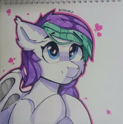 Size: 1589x1600 | Tagged: safe, artist:freak-side, derpibooru import, oc, oc only, bat pony, pony, cute, female, heart, looking up, marker drawing, photo, smiling, solo, traditional art