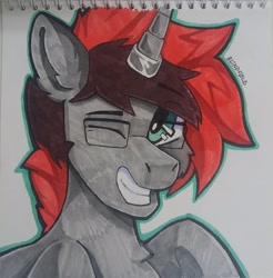 Size: 1575x1600 | Tagged: safe, artist:freak-side, derpibooru import, pony, unicorn, glasses, looking at you, male, marker drawing, one eye closed, photo, smiling, solo, traditional art