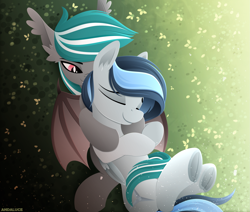 Size: 2363x2000 | Tagged: safe, artist:andaluce, derpibooru import, oc, oc only, oc:haze northfleet, oc:malachite cluster, bat pony, pegasus, pony, cuddling, cute, ear fluff, ears, eyes closed, female, lineless, mare