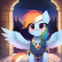 Size: 2560x2560 | Tagged: safe, derpibooru import, generator:novelai, generator:stable diffusion, machine learning generated, rainbow dash, pegasus, pony, armor, armored pony, female, looking at you, mare, offscreen character, pov, solo, spread wings, wings