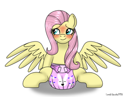 Size: 3856x3030 | Tagged: safe, artist:lynnthenerdkitty, derpibooru import, fluttershy, pegasus, pony, blushing, commission, diaper, diaper fetish, female, fetish, non-baby in diaper, sitting, solo, solo female, spread wings, wings