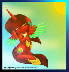 Size: 522x549 | Tagged: safe, artist:firedragonmoon15, derpibooru import, oc, oc:phoenix scarletruby, alicorn, butterfly, pony, brown mane, brown tail, colored wings, cutie mark, gradient background, hoof shoes, jewelry, looking at something, lowres, mint wings, necklace, one eye closed, red coat, red wings, sitting, smiling, spread wings, sun, tail, two toned wings, wings