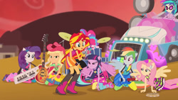 Size: 1920x1080 | Tagged: safe, derpibooru import, screencap, applejack, dj pon-3, fluttershy, pinkie pie, rainbow dash, rarity, sunset shimmer, twilight sparkle, vinyl scratch, equestria girls, rainbow rocks, bare shoulders, clothes, female, sleeveless, solo