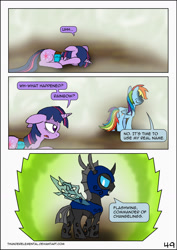 Size: 1024x1444 | Tagged: safe, artist:thunderelemental, derpibooru import, rainbow dash, twilight sparkle, changeling, pony, comic:swarm rising, comic, disguise, disguised changeling, speech bubble