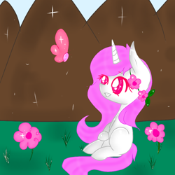 Size: 768x768 | Tagged: safe, artist:magicangelstarartist, derpibooru import, oc, oc only, butterfly, pony, unicorn, female, grass, mare, mountain, mountain range, side view, simple background, sitting, smiling, solo