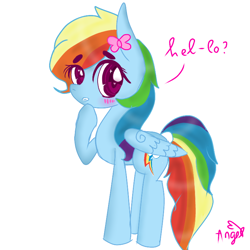 Size: 768x768 | Tagged: safe, artist:magicangelstarartist, derpibooru import, rainbow dash, pegasus, pony, blushing, bow, female, mare, side view, simple background, solo, text