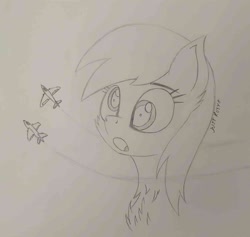 Size: 1187x1125 | Tagged: safe, artist:just rusya, derpibooru import, derpy hooves, pegasus, bust, chest fluff, jet, jet fighter, macro, monochrome, open mouth, pencil drawing, plane, portrait, solo, traditional art