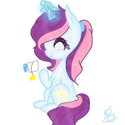 Size: 768x768 | Tagged: safe, artist:magicangelstarartist, derpibooru import, oc, oc only, pony, unicorn, cup, female, food, glowing, glowing horn, horn, levitation, magic, mare, multicolored hair, simple background, solo, tea, teacup, telekinesis