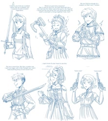 Size: 1067x1200 | Tagged: safe, artist:evelili, derpibooru import, applejack, fluttershy, pinkie pie, rainbow dash, rarity, twilight sparkle, human, clothes, gun, humanized, knife, mane six, monochrome, smiling, sword, text, weapon