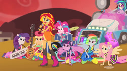 Size: 1920x1080 | Tagged: safe, derpibooru import, screencap, applejack, fluttershy, pinkie pie, rainbow dash, rarity, sunset shimmer, twilight sparkle, equestria girls, rainbow rocks, bare shoulders, clothes, female, sleeveless, solo