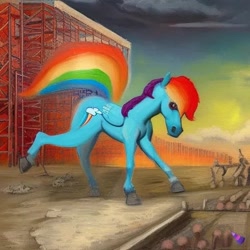 Size: 512x512 | Tagged: safe, derpibooru import, generator:purplesmart.ai, generator:stable diffusion, machine learning generated, rainbow dash, pegasus, pony, building, cloud, colored hooves, construction, constructionism, dark clouds, factory, hoers, log, modern art, raised hoof, raised leg, scaffold, scaffolding, sunrise, wings