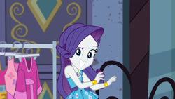 Size: 1920x1080 | Tagged: safe, derpibooru import, screencap, rarity, better together, equestria girls, street chic, bare shoulders, female, rarity peplum dress, sleeveless