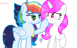 Size: 1024x644 | Tagged: safe, artist:bitchbases, artist:magicangelstarartist, derpibooru import, oc, oc only, oc:thunder rainbow, pegasus, unicorn, base used, duo, jewelry, missing cutie mark, necklace, simple background