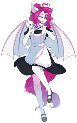 Size: 679x1080 | Tagged: safe, artist:medich, derpibooru import, oc, oc only, anthro, bat pony, bat pony oc, clothes, female, heart, looking at you, maid, one eye closed, simple background, skirt, solo, white background