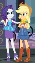 Size: 519x941 | Tagged: safe, derpibooru import, screencap, applejack, rarity, better together, equestria girls, street chic, bare shoulders, female, rarity peplum dress, shipping fuel, sleeveless