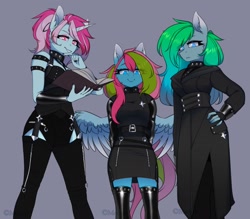 Size: 1280x1119 | Tagged: safe, artist:medich, derpibooru import, oc, oc:hosi smile, oc:media smile, oc:zira smile, anthro, pegasus, unicorn, anthro oc, black clothes, book, clothes, female, gray background, horn, imminent sex, leather, looking at you, looking down, looking down at you, pegasus oc, simple background, trio, trio female, unicorn oc