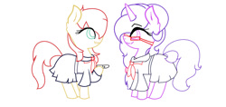 Size: 1024x484 | Tagged: safe, artist:magicangelstarartist, derpibooru import, oc, oc only, earth pony, pony, unicorn, collaboration, clothes, duo, female, glasses, lineart, looking at each other, looking at someone, mare, sailor uniform, uniform