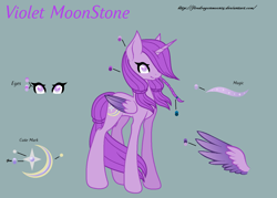 Size: 1520x1088 | Tagged: safe, artist:firedragonmoon15, derpibooru import, oc, alicorn, pony, colored wings, cutie mark, folded wings, gray background, horn, pink coat, pink eyes, pink mane, pink tail, reference sheet, simple background, smiling, solo, standing, tail, two toned wings, wings