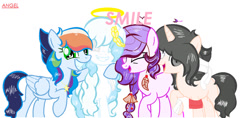 Size: 1024x484 | Tagged: safe, artist:magicangelstarartist, artist:niightlydark, derpibooru import, oc, oc only, earth pony, pegasus, unicorn, base used, halo, look-alike, many many pony, meme, smiling, text