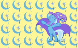 Size: 2560x1600 | Tagged: safe, artist:alicehumansacrifice0, artist:ooklah, artist:shelmo69, derpibooru import, edit, trixie, pony, unicorn, bipedal, cape, clothes, cutie mark, cutie mark background, eyes closed, female, hat, mare, open mouth, open smile, smiling, solo, spread hooves, trixie's cape, trixie's hat, wallpaper, wallpaper edit