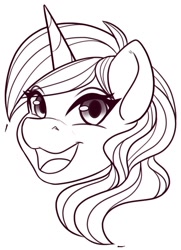 Size: 570x789 | Tagged: safe, artist:inkkeystudios, derpibooru import, oc, oc only, black and white, bust, eye clipping through hair, grayscale, looking at you, monochrome, open mouth, open smile, portrait, simple background, smiling, solo, transparent background