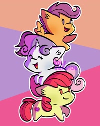 Size: 2000x2500 | Tagged: safe, artist:edgyanimator, derpibooru import, apple bloom, scootaloo, sweetie belle, earth pony, pegasus, pony, unicorn, adorabloom, apple bloom's bow, blushing, bow, cel shading, chibi, cute, cutealoo, cutie mark crusaders, cutie mark cuties, diasweetes, digital art, female, filly, firealpaca, foal, full body, hair bow, happy, horn, lineart, mare, multicolored hair, multicolored mane, multicolored tail, open mouth, open smile, orange coat, purple hair, purple mane, raised hoof, raised leg, red hair, red mane, shading, simple background, simple shading, small, small wings, smiling, spread wings, stack, standing, tail, trio, white coat, wings, yellow coat