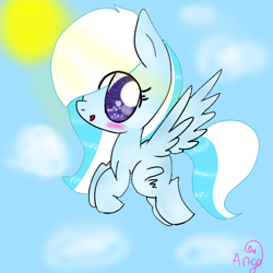 Size: 768x768 | Tagged: safe, artist:magicangelstarartist, derpibooru import, oc, oc only, pegasus, art trade, blushing, flying, heart, heart eyes, looking at you, multicolored hair, side view, solo, wingding eyes