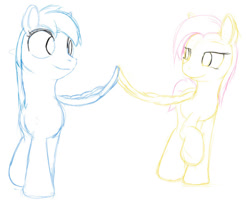 Size: 540x435 | Tagged: safe, artist:still-waters-artpony, derpibooru import, fluttershy, rainbow dash, female, flutterdash, lesbian, looking at each other, looking at someone, shipping, sketch, smiling, standing, touching wings