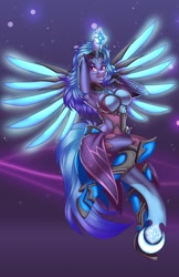 Size: 660x1020 | Tagged: safe, artist:inkkeystudios, derpibooru import, oc, oc only, alicorn, anthro, pony, colored, flat colors, lidded eyes, looking at you, mercy, open mouth, open smile, overwatch, smiling, spread wings, wings