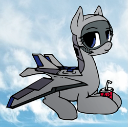 Size: 635x630 | Tagged: artist needed, safe, derpibooru import, oc, oc only, original species, plane pony, aurora bomber, blue eyes, colored, cup, eyelashes, female, flying, gray coat, holding, looking at you, looking sideways, plane, sky background, smiling, smiling at you, solo, unnamed oc