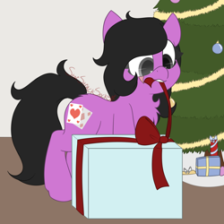 Size: 1500x1500 | Tagged: safe, artist:starstrucksocks, derpibooru import, oc, oc only, oc:card toss, earth pony, pony, christmas, christmas tree, cute, earth pony oc, eyes open, female, holiday, mare, pink coat, present, ribbon, scar, signature, tree