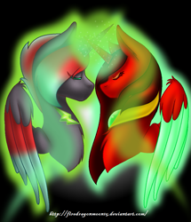 Size: 829x963 | Tagged: safe, artist:firedragonmoon15, derpibooru import, oc, oc:phoenix scarletruby, alicorn, pony, black background, brown mane, colored wings, crossed horns, eyes closed, glowing, glowing horn, horn, horns are touching, jewelry, mint wings, multicolored wings, necklace, red coat, red mane, red wings, simple background, two toned mane, two toned wings, wings