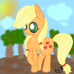 Size: 768x768 | Tagged: safe, artist:magicangelstarartist, derpibooru import, applejack, earth pony, pony, apple orchard, blurry background, female, mare, orchard, raised leg, solo